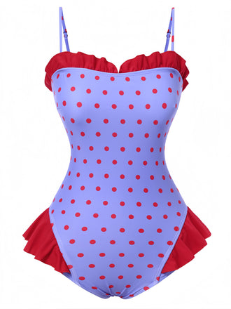 Blau 1950er Polka Dots Rüschen Badeanzug