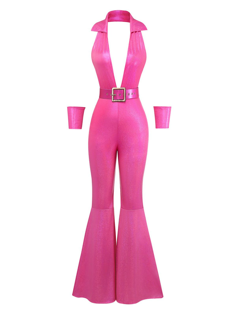 Rosa 1970er Metallisch Tief V-Ausschnitt Disko Jumpsuit