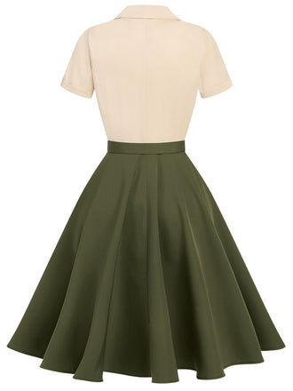Khaki Grün 1950ER Patchwork V-Ausschnitt Kurzarm Swing Kleid