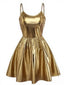Gold 1980er Metallisch Spaghetti Träger Party Kleid
