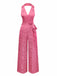 Rosa 1970er Halter Revers Satin Jumpsuit