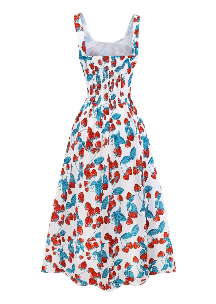 1950er Kirsche Quadratischer Hals Breite Träger Kleid