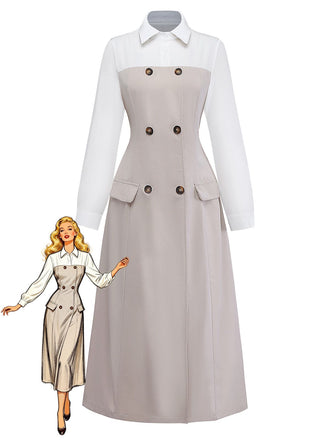 Khaki 1940er Farbblock Revers Durchgeknöpft Midi Kleid