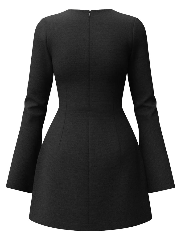 1960er Solide Langarm Faux Taschen Kleid