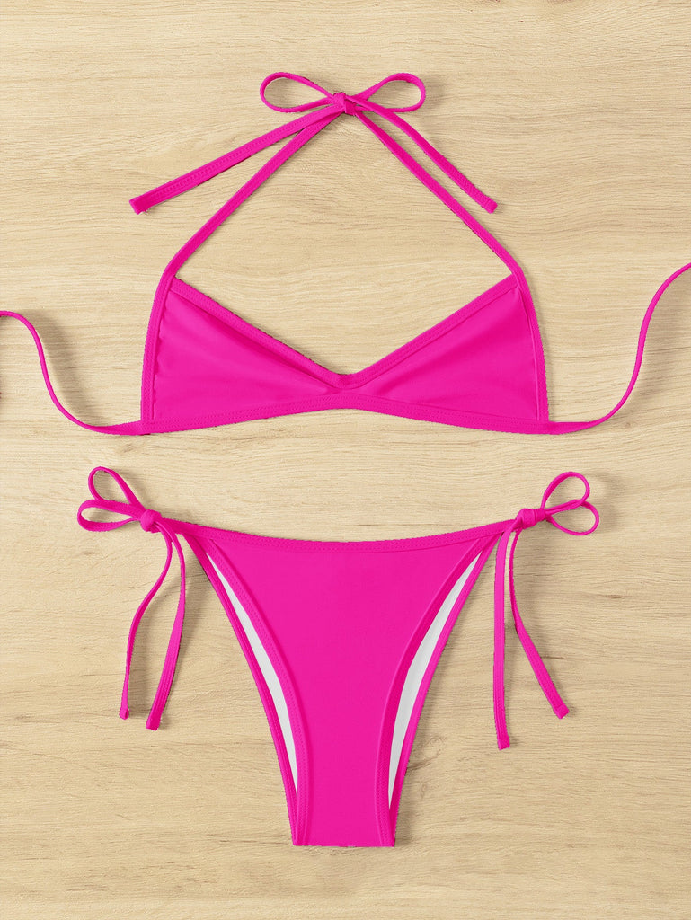 1960er Solide Gerafft Halter Schnürung Bikini Set
