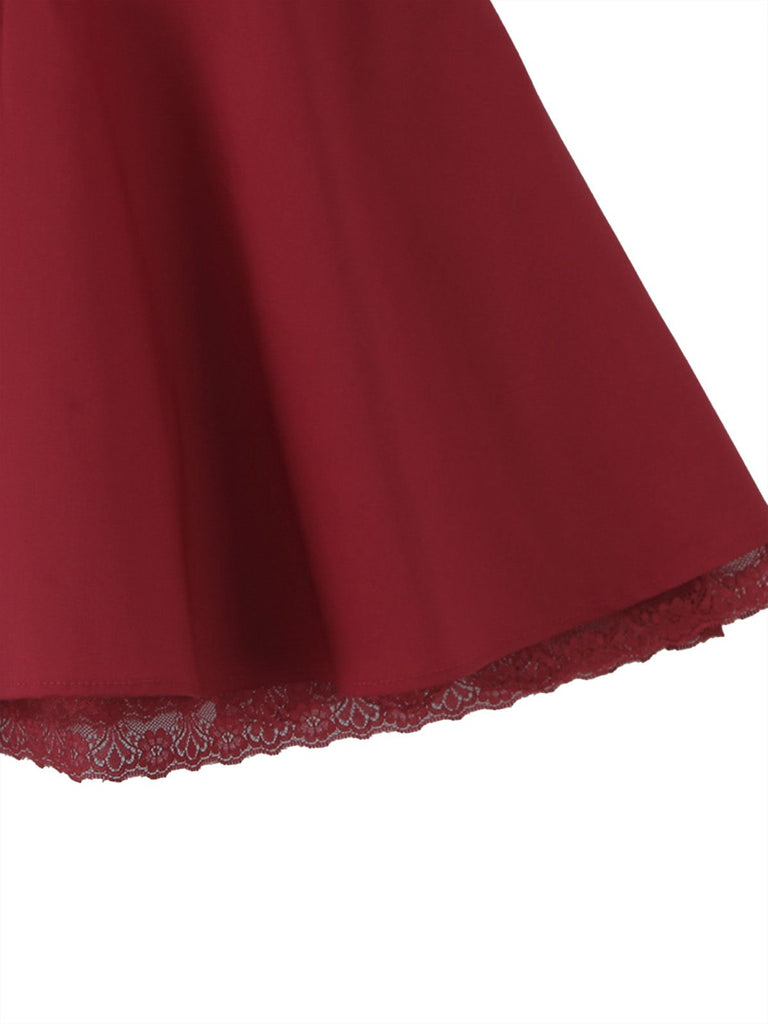 Rot 1960er Solide Puffärmel Schnürung Kleid