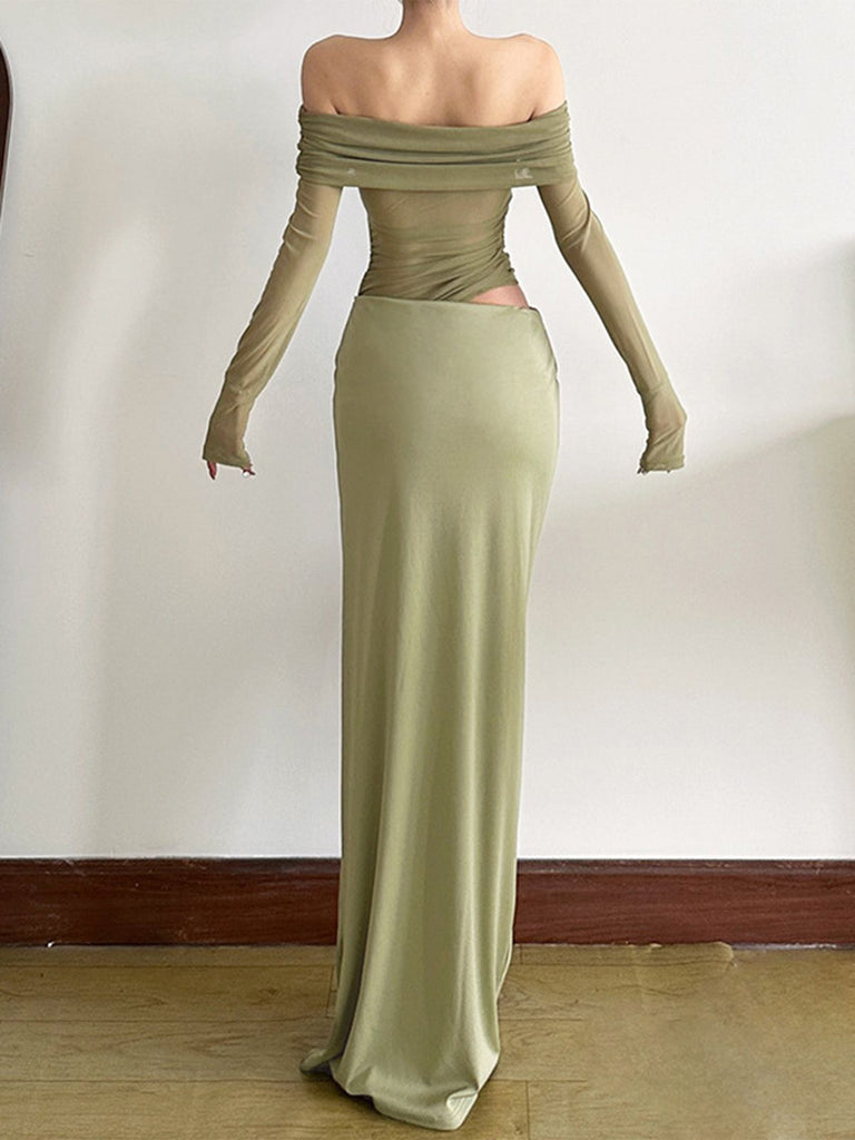 Schwarz 1980er Solide Schulterfrei Netz Cut-Out Durchsichtig Kleid