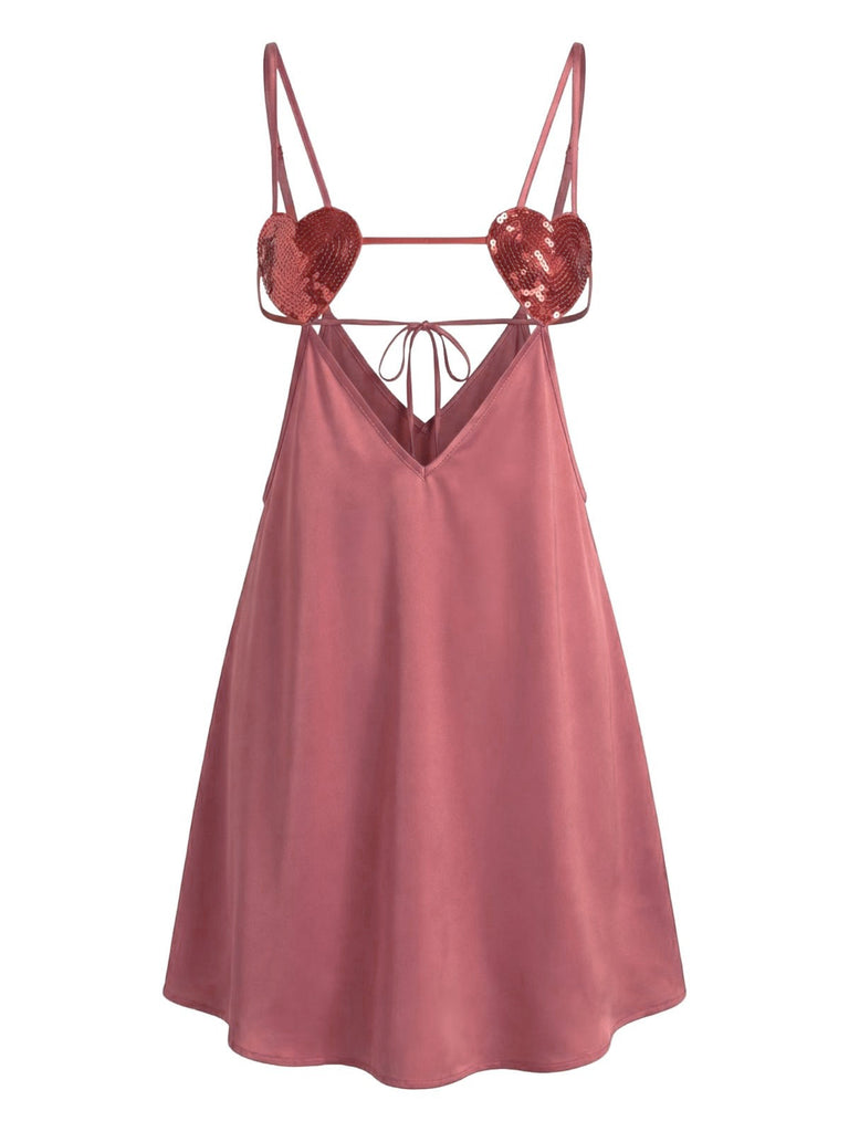 1960er Solide Satin Pailletten Herz Träger Nachthemd