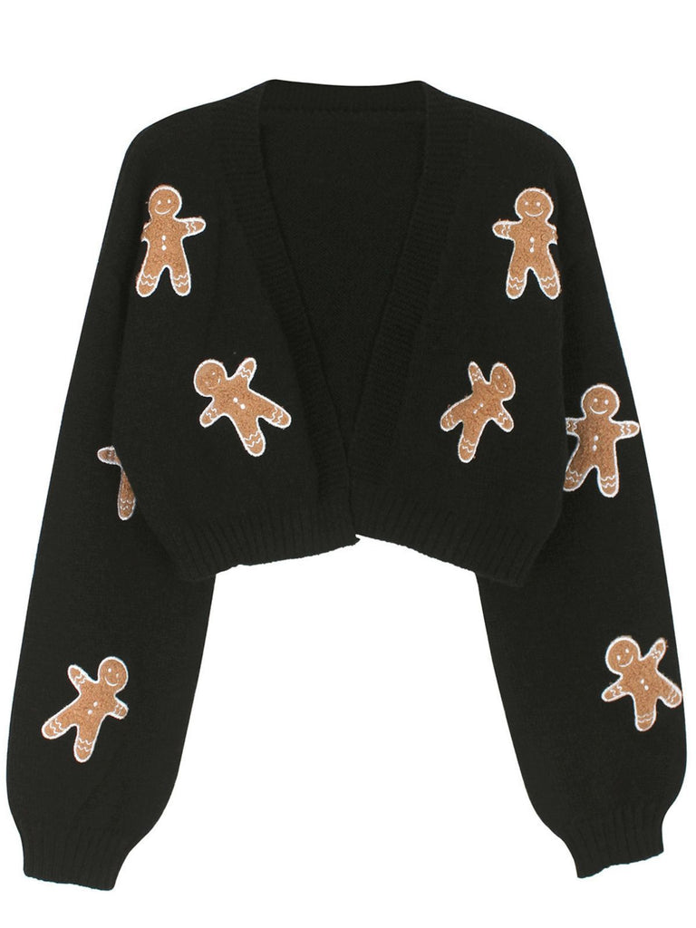 Braun 1960er Weihnachten Lebkuchenmann Kurz Cardigan