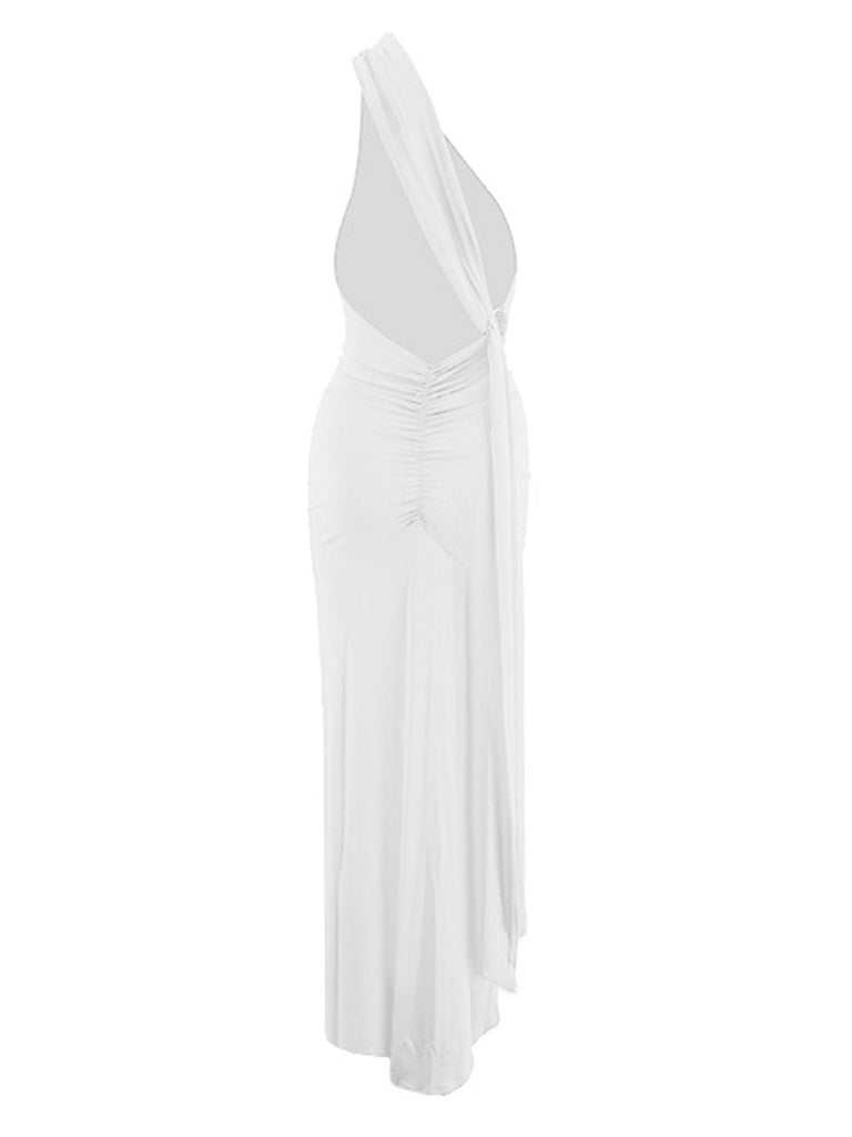 1980er Solide Eine Schulter Rückenfrei Abend Kleid mit Schleppe