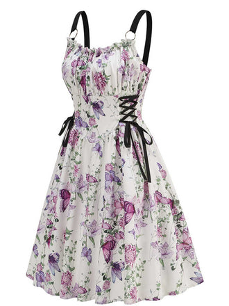 1950er Träger Blumen Schmetterlinge Schnürung Korsett Kleid