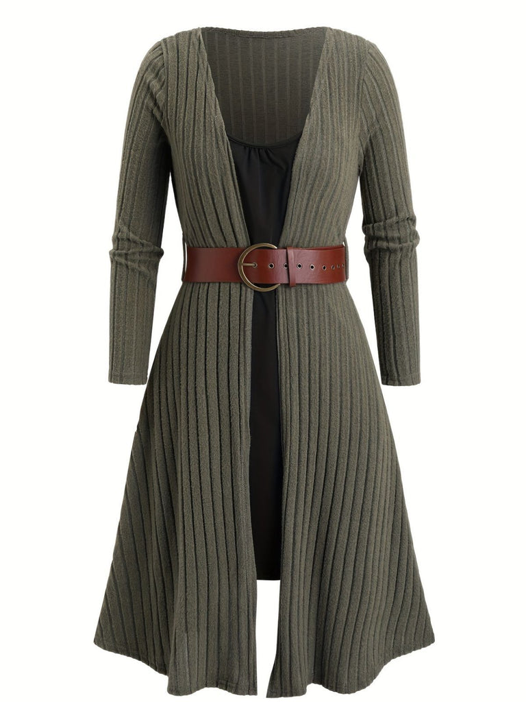 [Übergröße] Grün 1940er Stricken Layered Long Sleeve Gürtel Kleid