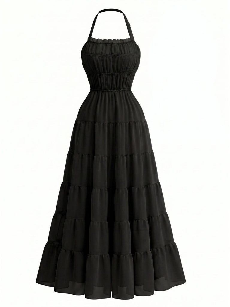 70er Chiffon-Maxikleid mit Neckholder und offenem Rücken
