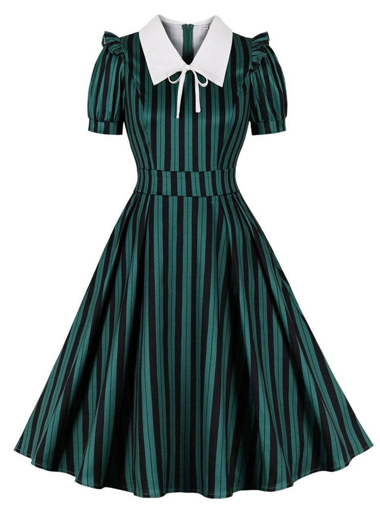 Grün 1950er Streifen Peter Pan Kragen Swing Kleid