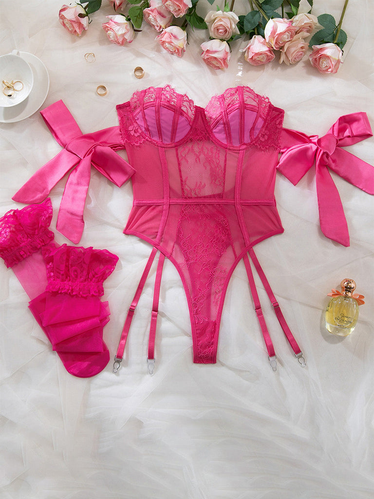 1980er Solide Schleife Bodysuit Pajama Mit Strümpfe