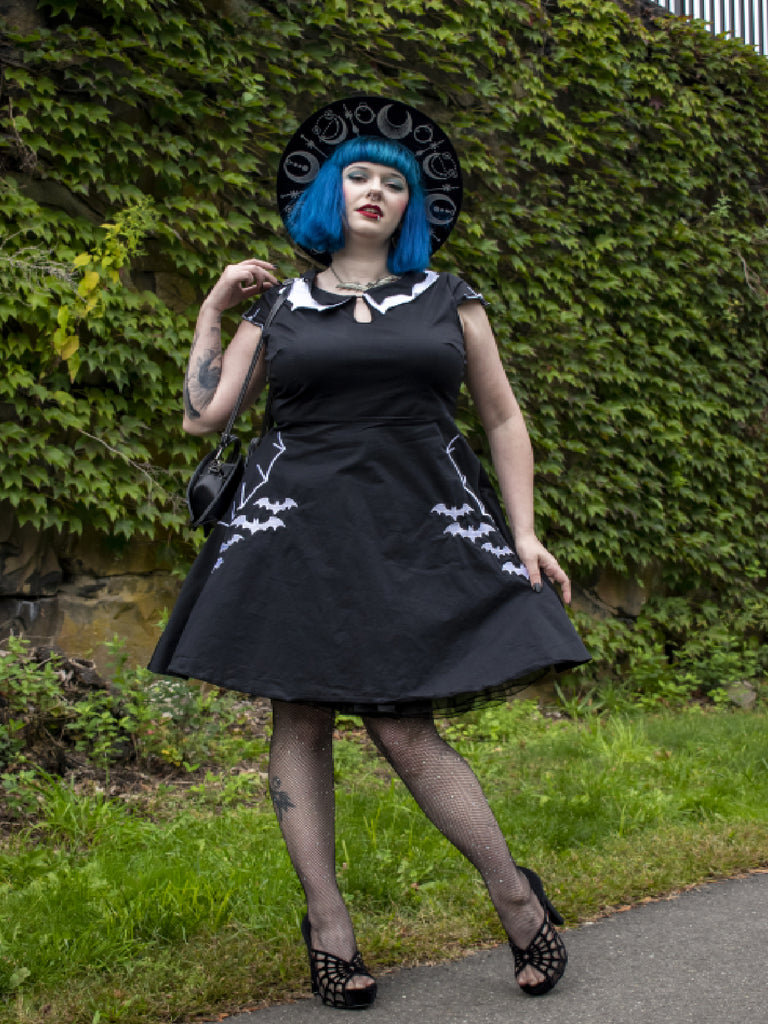 [Übergröße] Schwarz 1950er Halloween Fledermaus Swing Kleid