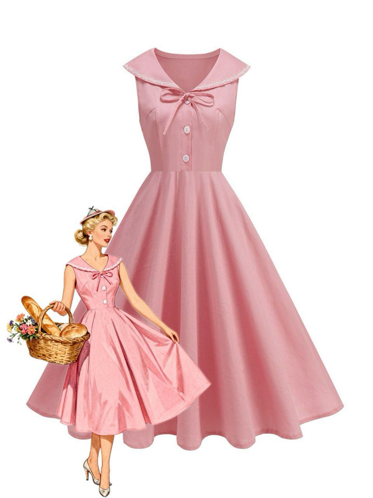 1950er Solide Matrosen Kragen Schleife Ärmellos Kleid