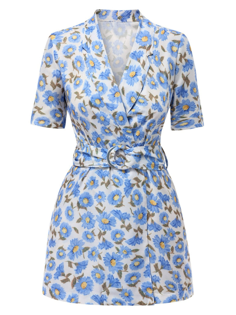 Blau 1960er Blumen Revers Gürtel Wickel Romper