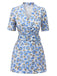 Blau 1960er Blumen Revers Gürtel Wickel Romper