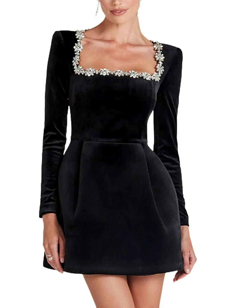 Rot 1960er Samt Diamant Quadrat Hals Kleid