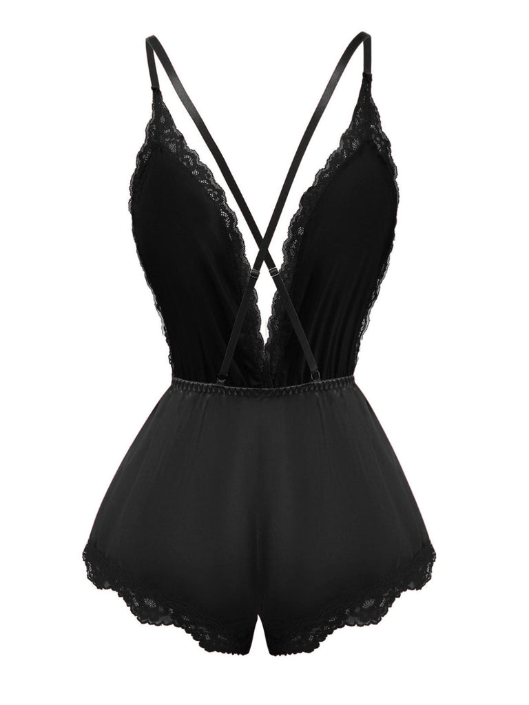 1950er Spitze Satin Tief V Rückenfrei Schlafen Romper