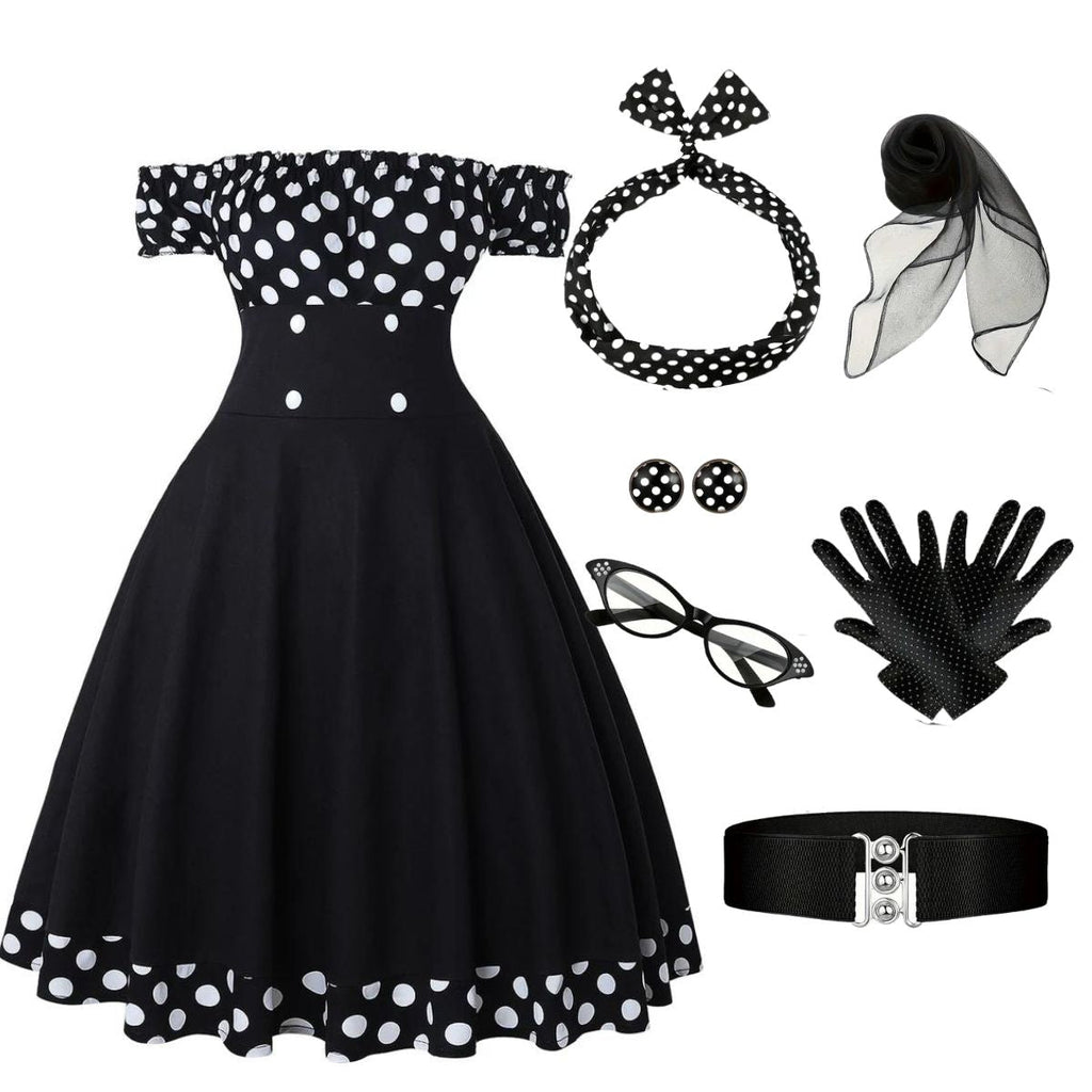 Schwarz 1950er Schulterfrei Polka Dots Kleid mit Zubehör-Set