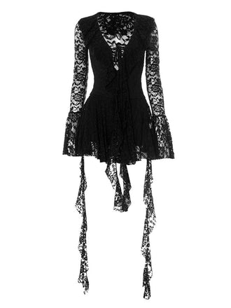 1980er Spitze Ribbon Tie Rüschen Glockenhülse Kleid