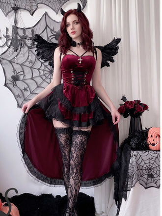 40er Halloween-Gothic-Kleid aus Samt mit asymmetrischer Schleppe