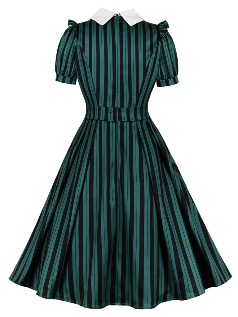 Grün 1950er Streifen Peter Pan Kragen Swing Kleid