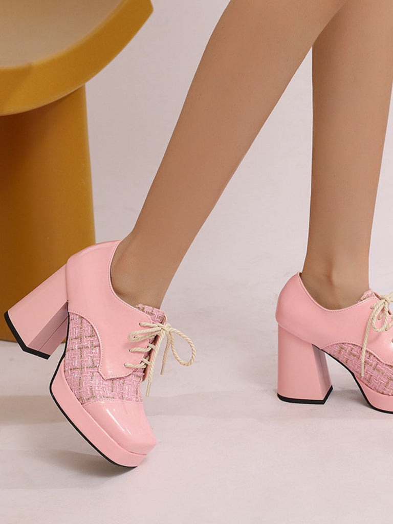 Mary Jane Kariert Quadratisch Zehen Block Absatz Schuhe