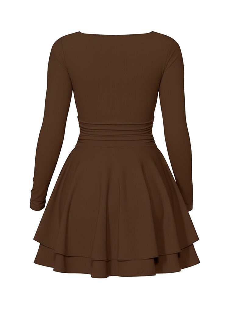 1980er Solide Tailliert Quadratischer Hals Langarm Kleid