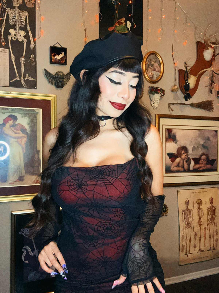 Tiefrotes 1960er Halloween-Spinnennetz-Kleid