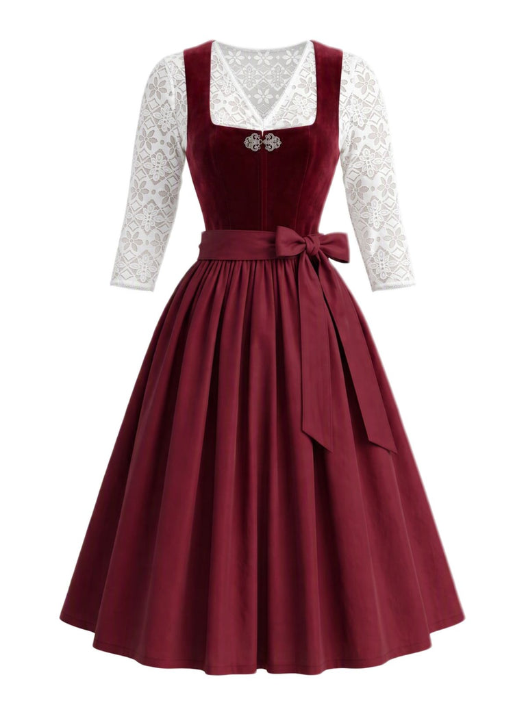 Weißes & Weinrotes Oktoberfest Dirndl-Set mit Spitze und Schürze