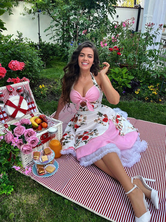 [Vorverkauf] Rosa 1950er Halter Blumen Swing Kleid