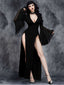 Schwarz 1980er Gothic Schlitz Ausgestellte Ärmel Spitze Kleid