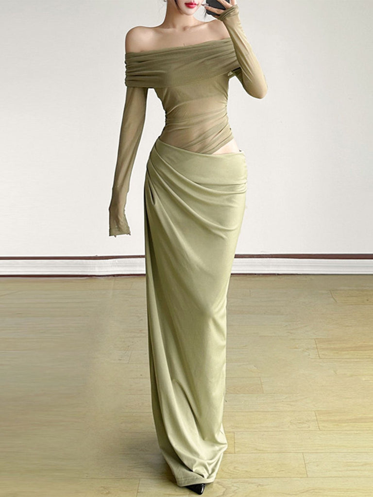 Schwarz 1980er Solide Schulterfrei Netz Cut-Out Durchsichtig Kleid