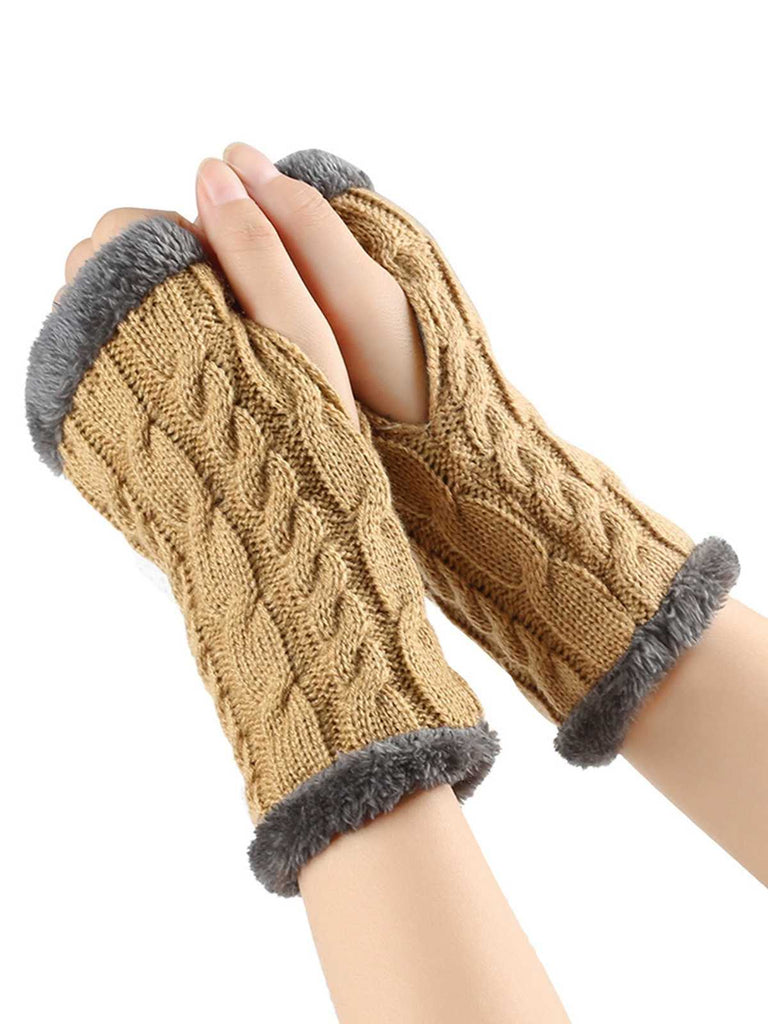 Winter Kunstpelzbesatz Stricken Fingerlos Handschuhe
