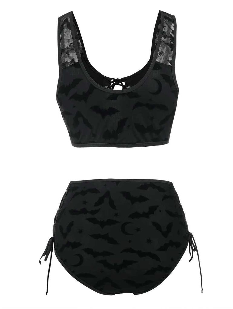 Schwarz 1980er Träger Fledermäuse Netz Gothic Bikini Set