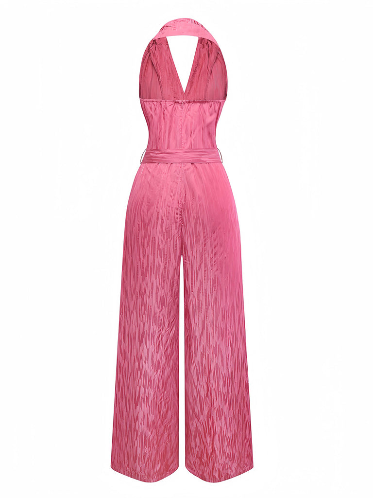 Rosa 1970er Halter Revers Satin Jumpsuit