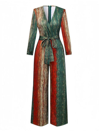 Multicolor 1970er V-Ausschnitt Gürtel Jumpsuit