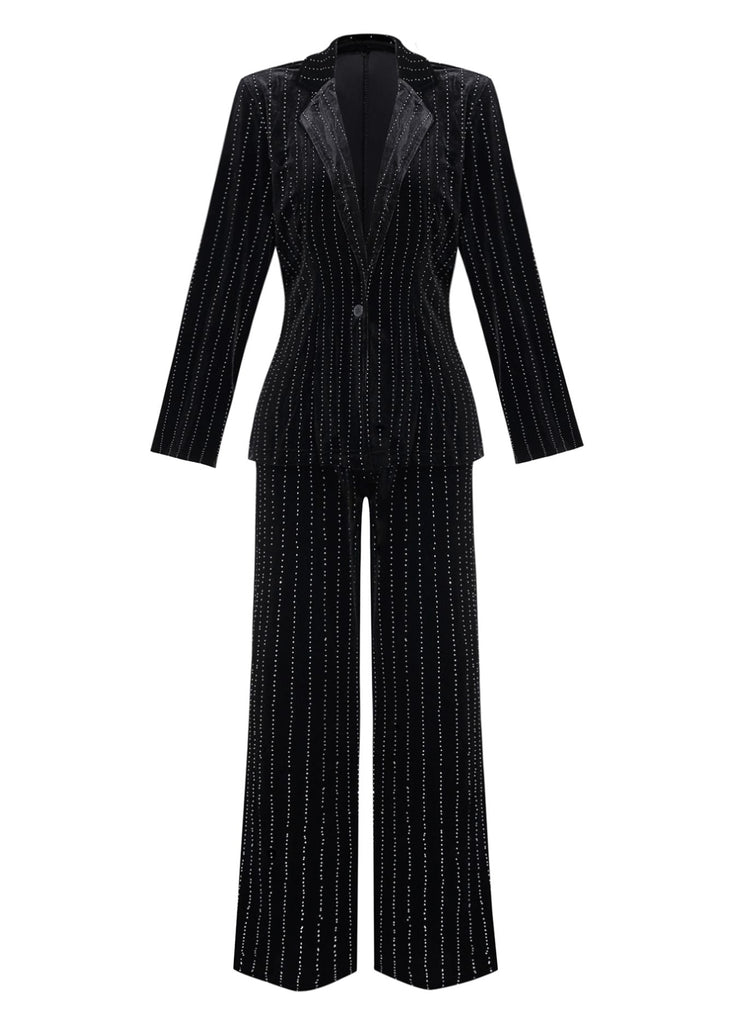 2PCS Schwarz 1960er Samt Pailletten Blazer & Hose Set