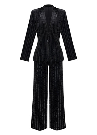 2PCS Schwarz 1960er Samt Pailletten Blazer & Hose Set