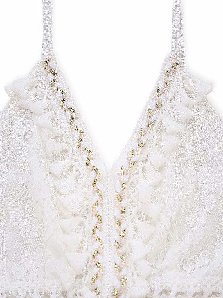 Weiß 1970er V-Ausschnitt Boho Spitze Maxi Kleid