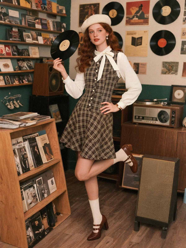 [Vorverkauf] Braun 1960er Plaid Bogen Tie Taste Swing Kleid
