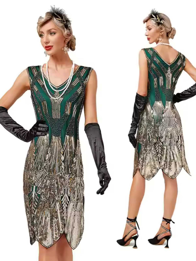 Dunkelgrün 1920er V-Ausschnitt Pailletten Flapper Kleid