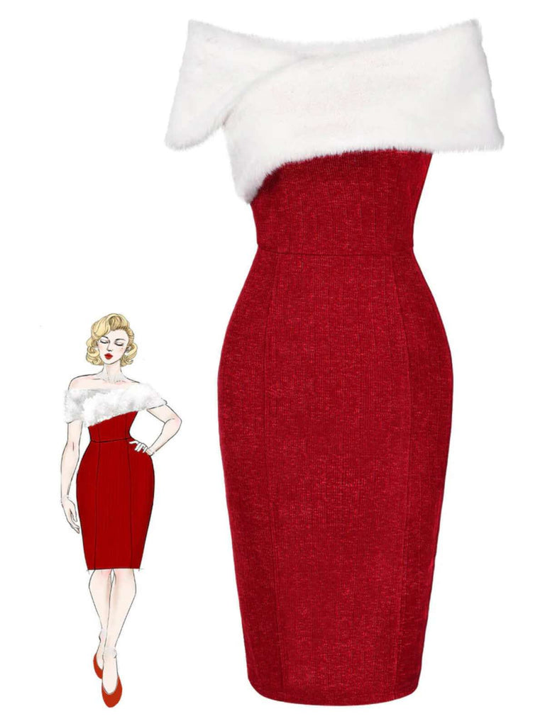 Grün 1960er Kunstpelz Schulterfrei Kleid