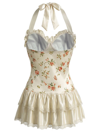 Apricoter 40er Badeanzug mit Ditsy-Blumen und Neckholder