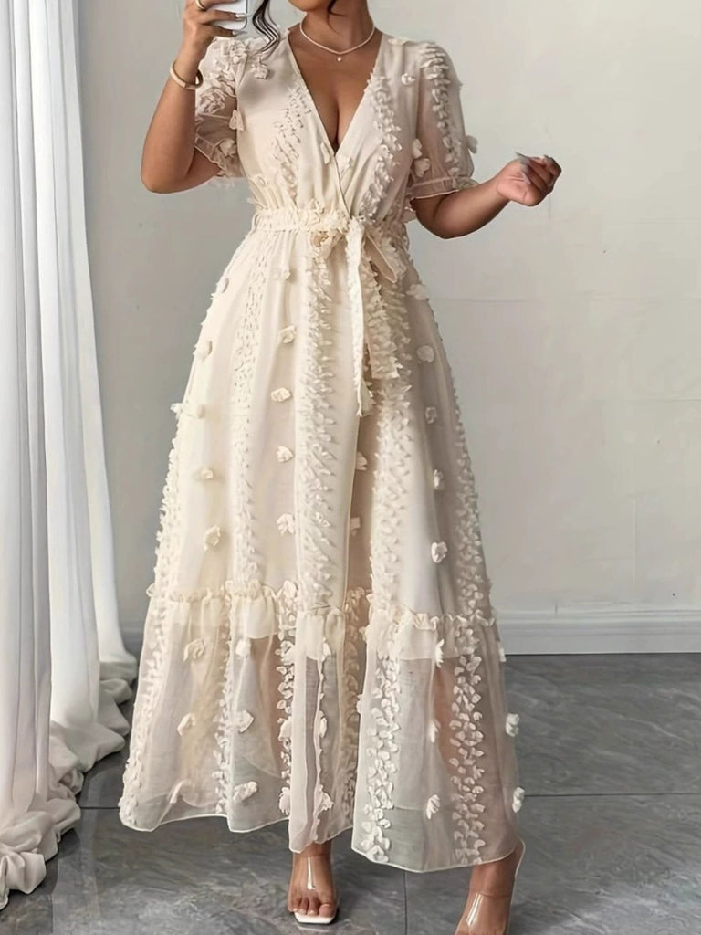 Beige 70er Kleid mit V-Ausschnitt und Blumen