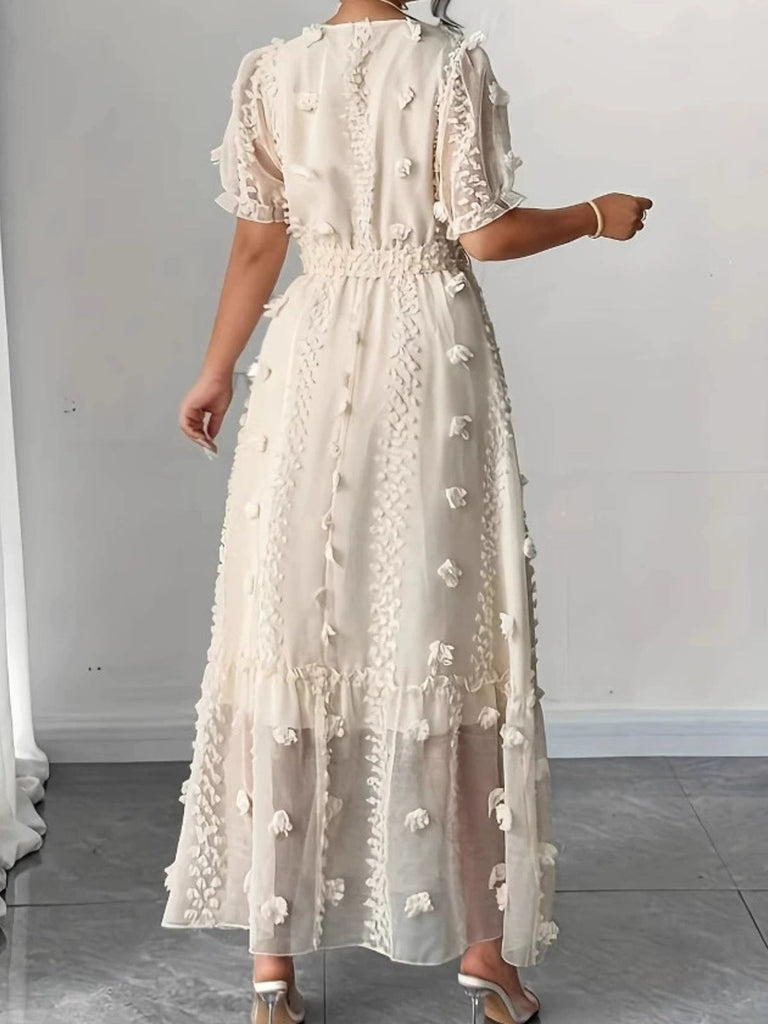 Beige 70er Kleid mit V-Ausschnitt und Blumen