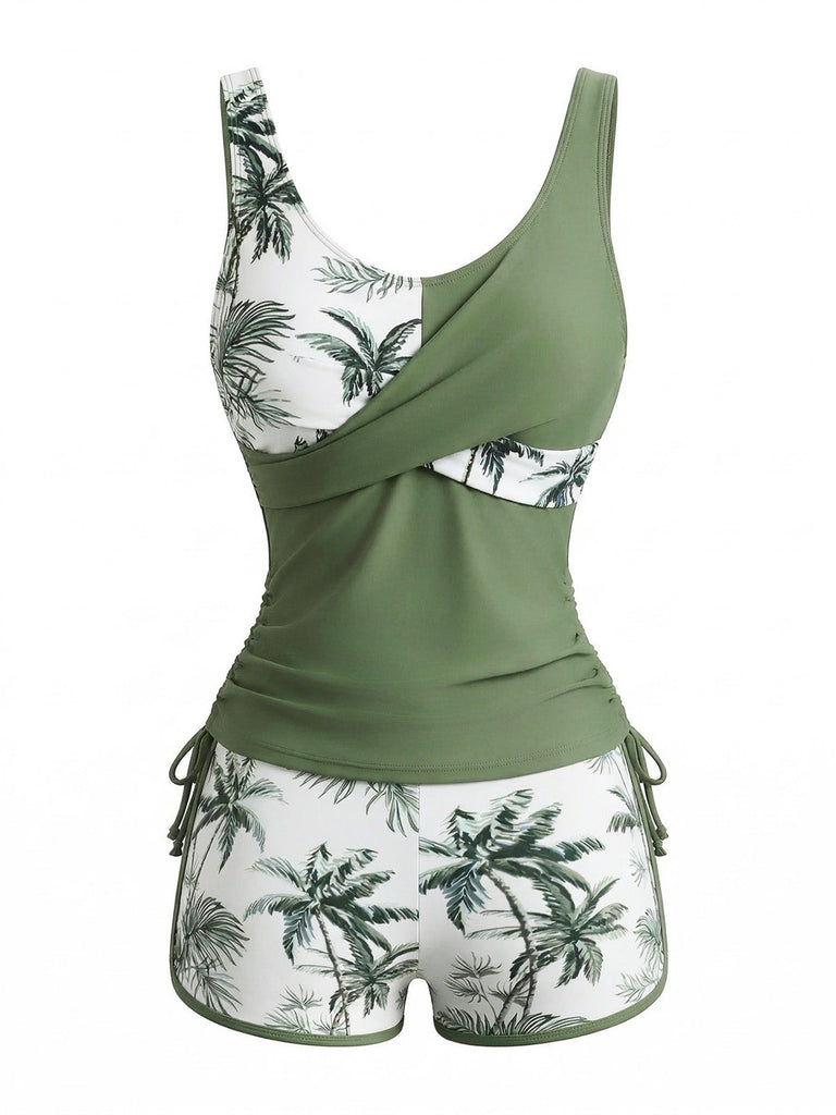 Tankini-Set mit Palmenmuster und Farbblockmuster aus den 1950er Jahren